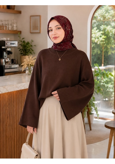 Unika Boutique Kadın Yarasa Kol Oversize Triko Kazak kahverengi