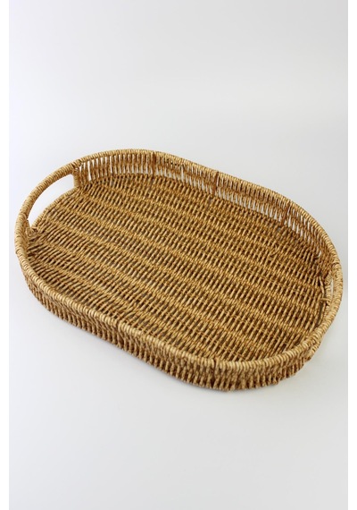 3 Lü Rattan Tepsi Dekoratif Tepsi Hasır Örme Tepsi Oval Krem