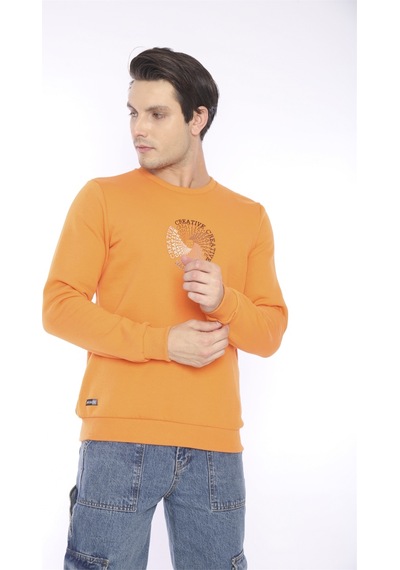 Escetic Erkek Spor Slimfit, Bisiklet Yaka Orange Sweatshirt-4265