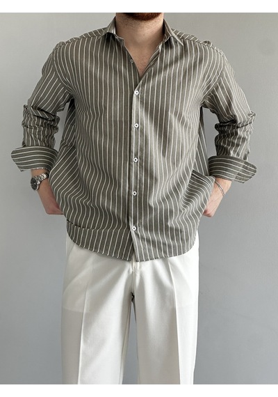 Old Money Rahat Kalıp Çizgili Gömlek Haki