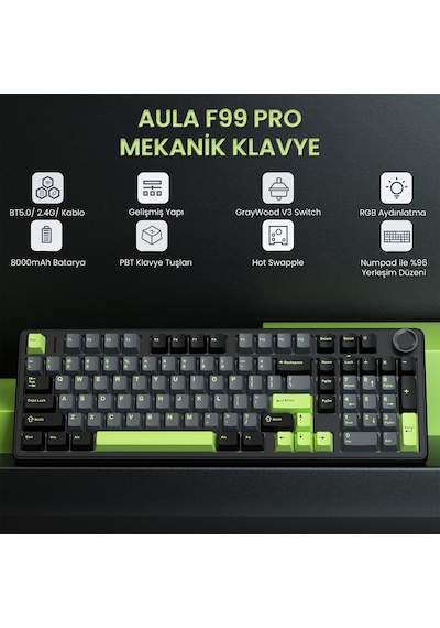 Aula F99 Pro 3 Modlu Rgb Hot Swap Mekanik Graywood V3 Switch Kablosuz Makrolu Klavye Yeşil