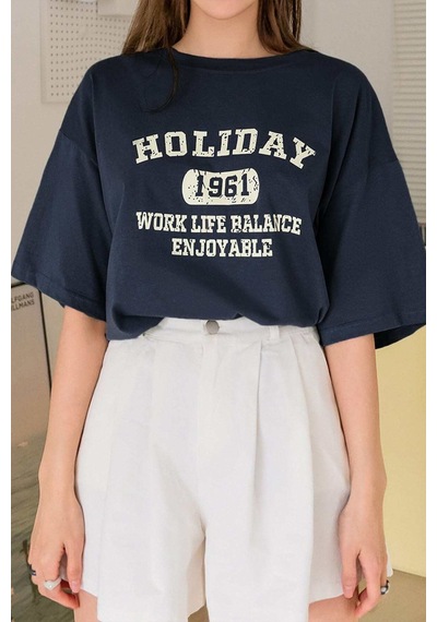 Unisex Holiday Baskılı Tasarım Tshirt Lacivert