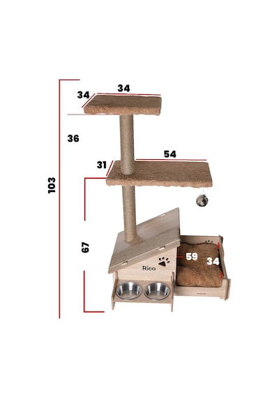 Çok Amaçlı Katlı Kedi Evi-isim Baskılı-ahşap Mdf-tırmalama Çubuklu-kahverengi-çelik Kase-2 350