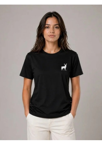 Minimal Geyik Logolu Tişört Bisiklet Yaka Kısa Kol Yazlık T-shirt - Siyah