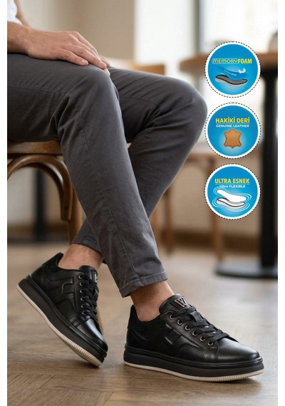 Voyager Siyah Hakiki Deri Erkek Casual Sneaker Memory Taban Premium Casual Ayakkabı M030 M