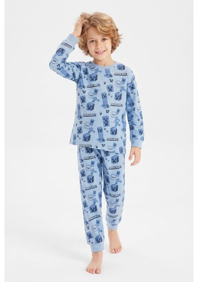 Bunny Hopp %100 Pamuk Süprem Erkek Çocuk Pijama Takımı Mavi Piksel Desenli Gamer Temalı Penye