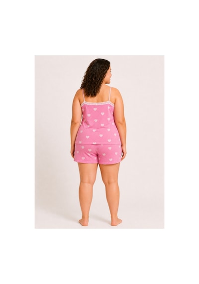 Bravie Kadın Büyük Beden İp Askılı Yakası Dantelli Beyaz Kalpli Pembe Yazlık Pijama Takımı Açık Pembe