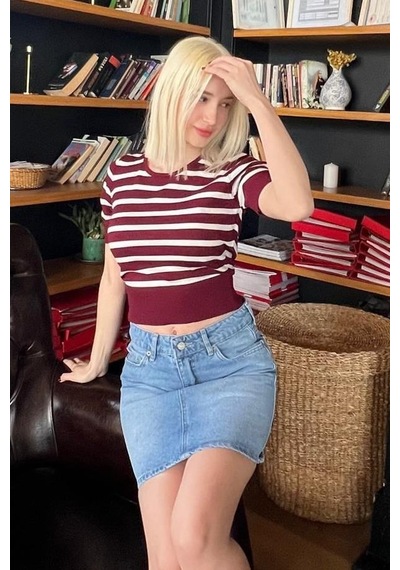 Seeh Bordo Bisiklet Yaka Çizgili Kadın T-shirt Sh371 Baskılı