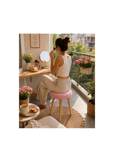 Solo Teddy Kumaş Kaplı Tabure Puf Makyaj Masası Mutfak Balkon Salon Ahşap Ayaklı Tabure Gülkurusu Gülkurusu