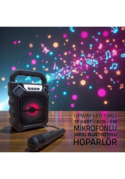 Upway Şarjlı Mikrofonlu Led Işıklı Bluetooth Hoparlör - Usb-aux-tf Kart-fm Radyo