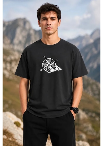 Modi Erkek Outdoor Pusula Dağ Baskılı Kısa Kollu Oversize T-shirt - Siyah