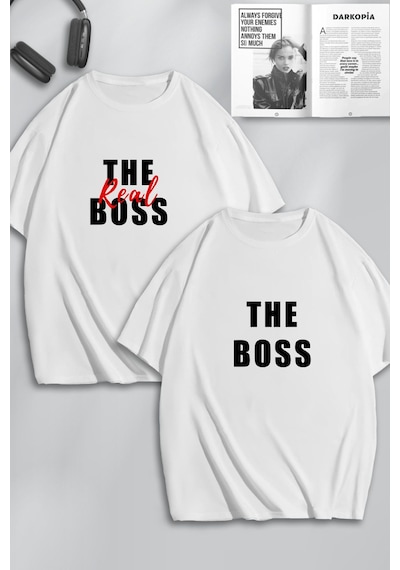 Unisex Kadın Erkek The Boss The Real Boss Baskılı Sevgili Çift Kombini Tasarım Oversize Tshirt 2'li Beyaz Mck0103 Beyaz