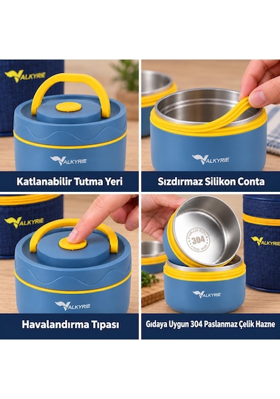 Valkyrie 3 Göz Taraftar 304 Paslanmaz Çelik Yemek Lunch Box 420+420+550 Ml Isı Yalıtımlı Çantalı Lacivert