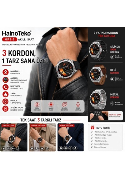 Hainoteko GPS-2 Akıllı Saat + 3 Kordonlu (Distribütör Garantili)
