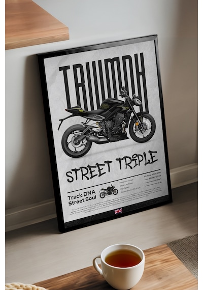 Triump Street Triple Siyah Ahşap Çerçeveli Poster, Dekoratif Motosiklet Duvar Tablosu