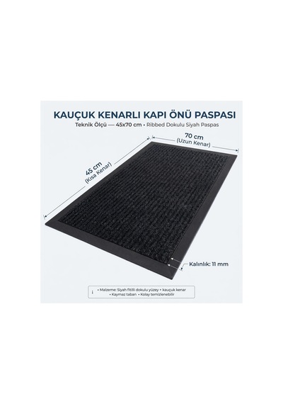 Delta Kk001a Siyah Halılı Kauçuk Kenarlı Fitilli Kapı Önü Paspası Kaymaz Taban Toz Ve Kir Tutucu 45x70 Cm