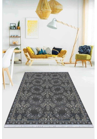 Antrasit Vintage Dokuma Pamuk Taban Kaymaz Kilim Klm338n11
