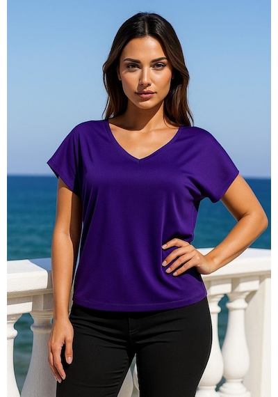Kadın Mor Viskon Ön Arka V Yakalı T-shirt Yarasa Kol Relaxed Bluz Çok Renkli