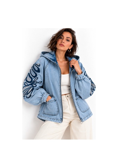 Saade Açık Mavi Kol Ve Sırt İşlemeli Kapüşonlu Denim Ceket