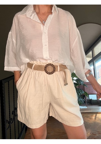 Ali Butik Krem Hasır Kemerli Keten Şort