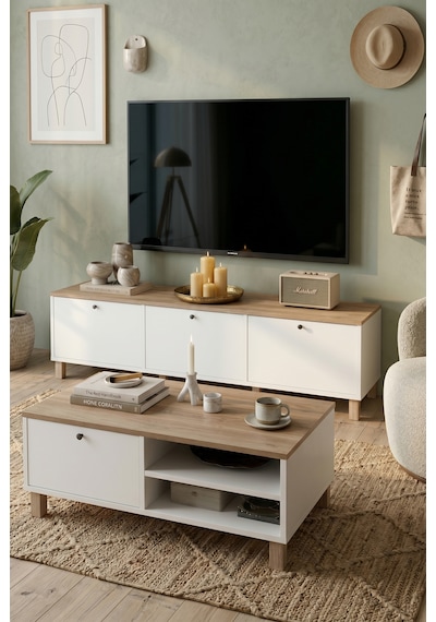 Robin Home Alaska Tv Ünitesi Orta Sehpa Ahşap Ayaklı 2'li Set Sepet-beyaz