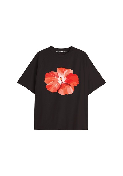 Kalic Studio Kadın Çiçek Özel Baskılı Renkli Oversize Penye Pamuklu Bisiklet Yaka T-shirt Siyah-32