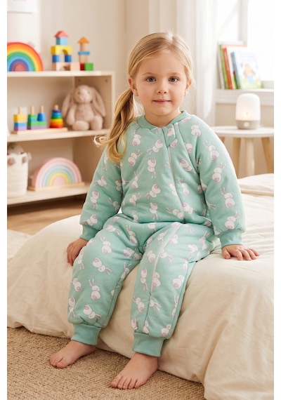 Babymod Tavşan Desenli 2,5 Tog Elyaf Dolgulu Premium Kalite 100% Pamuk Penye Astarlı Çocuk Uyku Tulumu Yeşil