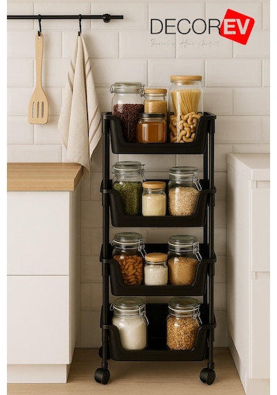 4 Katlı Tekerlekli Plastik Organizer Raf Çok Amaçlı Mutfak, Banyo Ve Ofis Düzenleyici Siyah Dc-6824 Beyaz