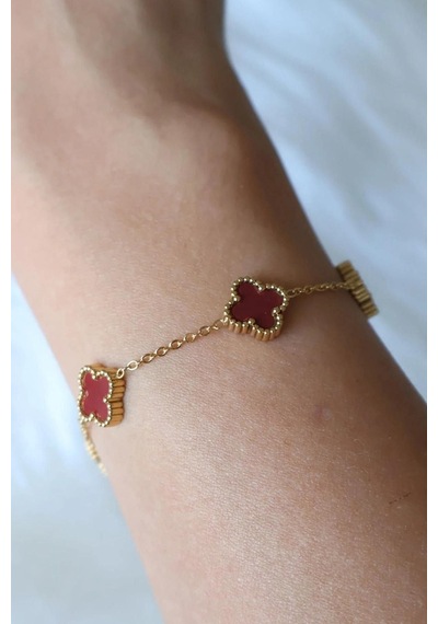 Gold Bordo Doğal Taşlı Premium Çelik Bileklik 91413203