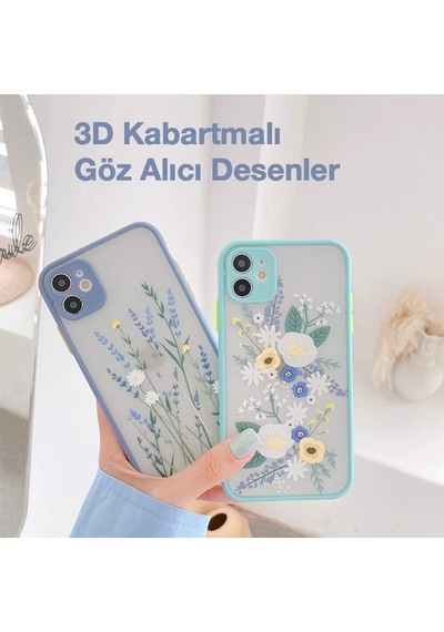 Apple iPhone Uyumlu iPhone 12 6.1inç Kamera Korumalı Çiçek Desenli Silikon Kılıf- 5775 Mavi