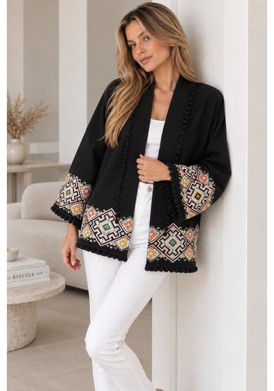 Lima Siyah Kadın Etnik Desenli Kimono Ceket Ponpon Detaylı Salaş Kesim Bohem Mevsimlik Ceket Lima Siyah Kadın Etnik Desenli Kimono Ceket Ponpon Detaylı Salaş Kesim Bohem Mevsimlik Ceket