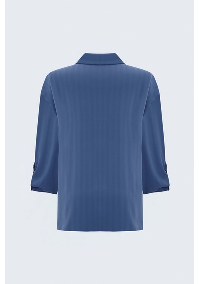 Sateen Çizgili Kolu Katlama Detaylı Gömlek - İndigo-137884