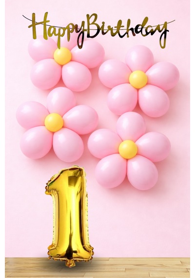 1 Yaş Pembe Sarı Papatya Temalı Gold Rakam Gold Happy Birthday Banner Doğum Günü Süsleme Altın - Pembe