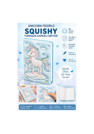 Unicorn Yumuşak Kapaklı Defter 96 Yaprak 13x18cm 1 Adet Df-1318 Sukuşi Çizgili Defter Hediyelik Sevimli Defter Mavi