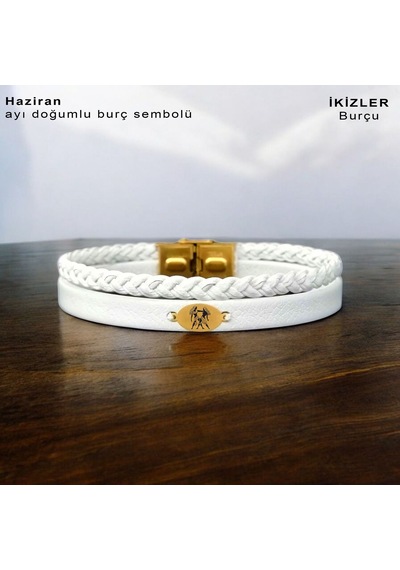 İkizler Burçlarına 14 Ayar Altın Plakalı Oval Motifli Doğal Beyaz Derili Hediye Bileklik-380burç İkizler İkizler Burçlarına 14 Ayar Altın Plakalı Oval Motifli Doğal Beyaz Derili Hediye Bileklik-380burç İkizler