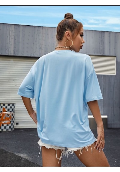 V Baskılı Oversize Beyaz T-shirt Saks Mavisi