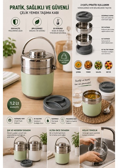 1.2 Lt 2'li Paslanmaz Çelik Sızdırmaz Termos Yemek Taşıma Kabı / Sefer Tası Beslenme Kutusu Çelik Rengi