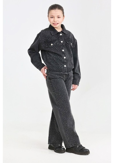 Modanino Kız Çocuk Jean Takım-taş Süslemeli Ceket+pantolon 12452 Siyah