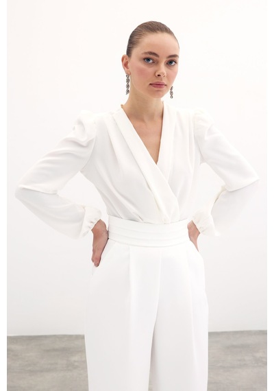 Sateen Kruvaze Vatkalı Bodysuit - Ekru