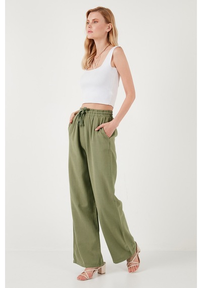 Lela Pamuklu Relaxed Fit Yüksek Bel Bol Paça Bayan Pantolon 668Yp5118 Haki