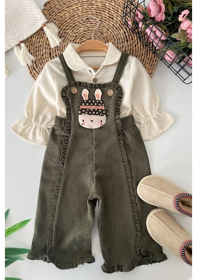 Minigimin Cicileri Tavşan Aplikeli Fırfır Detaylı Kadife Salopetli Kız Bebek 2 Li Takım - Yeşil