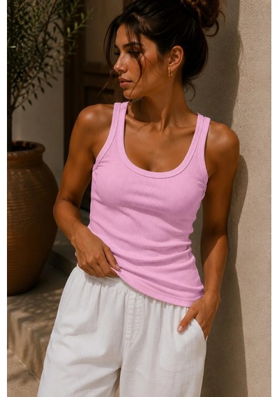 Bb Butik Basic Soft Cotton Fitilli Pamuk Basic Atlet Vücuda Oturan Kalıp Md3571 Pembe
