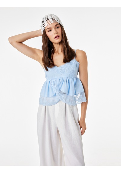 Koton Pamuklu Kruvaze Yaka Kolsuz Dantel Detaylı Crop Top Mavi 6sal60062ıw