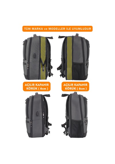 14"-15,6" İnç Körüklü Gri Laptop Sırt Çantası Unisex Su Geçirmez Kumaş Gri