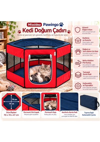 Missidea Pawingo Kırmızı Kedi Ve Köpek Doğum Çadırı Katlanabilir Pet Oyun Alanı Ve Yuvası