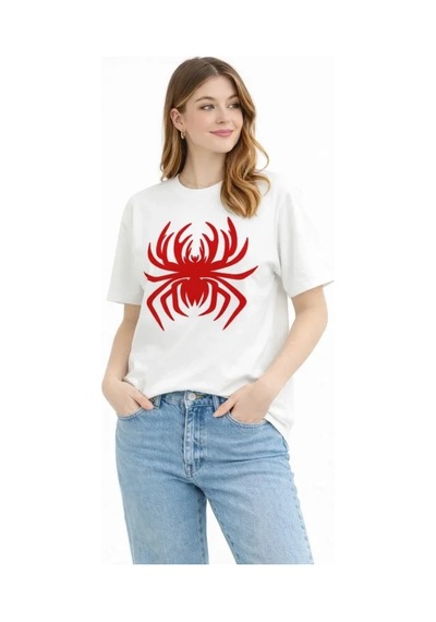 Hazego Örümcek Baskılı Tişört Kısa Kollu Bisiklet Yaka T-shirt - Beyaz