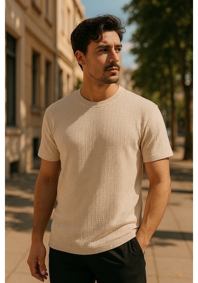 Erkek Kısa Kollu Zigzag Desenli T-shirt Bej