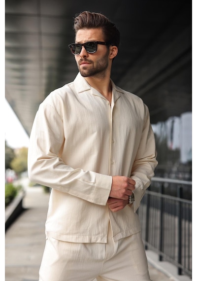 Madmext Ekru Düğmeli Basic Erkek Gömlek Pantolon Takım E7335 Ekru