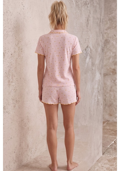 Siyah İnci Düğmeli Pointelli Örme Şortlu Pijama Takımı 26120280 Pembe Limon