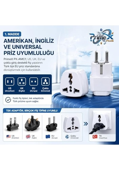 Primex Px-amc1 Universal Priz Dönüştürücü, Amerikan Priz Ve İngiliz Priz Türk Çevirici Adaptör, Us/uk To Eu Türk Fiş Adaptörü Seyahat Tipi Çevirici